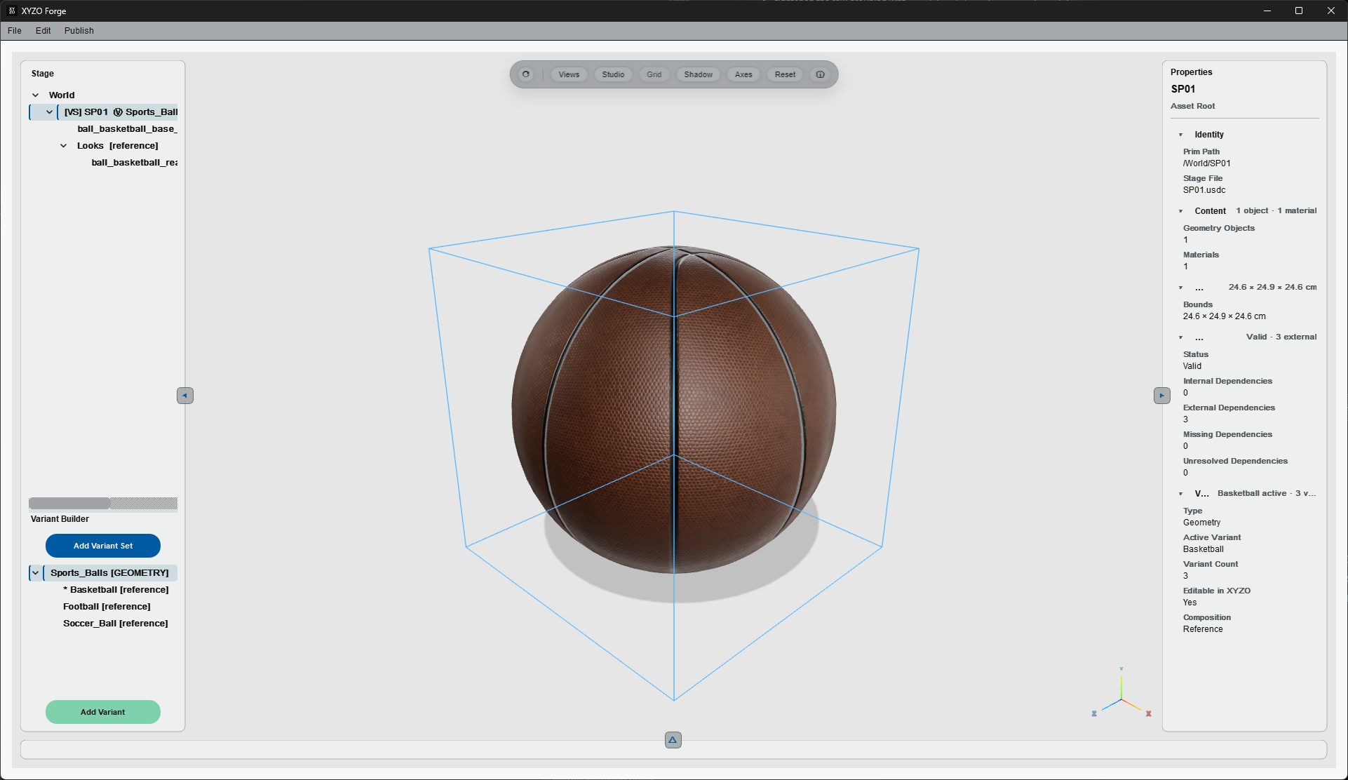 XYZO Forge showing a canonical basketball asset with Stage hierarchy, Variant Builder, computed bounds, package integrity, dependencies, and asset properties